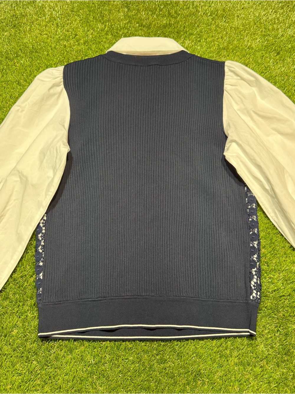 NWT Tory Burch Poplin Sleeve Pullover Shirt Women’s Size Medium Navy Blue White - Picture 13 of 15